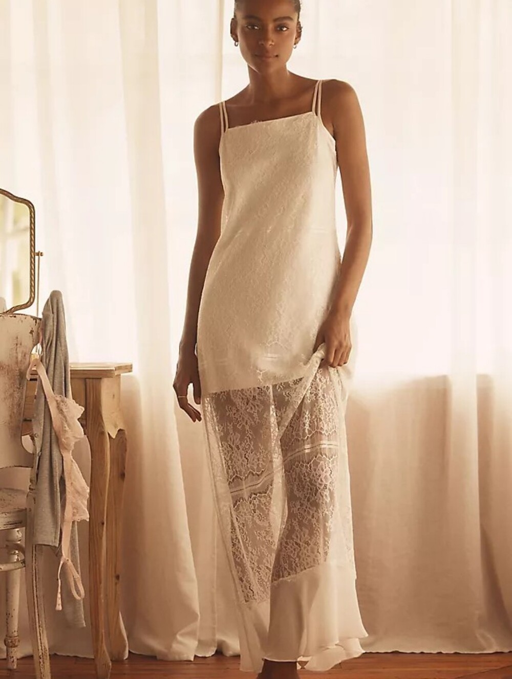 Anthropologie Ivory Lace Slip Dress